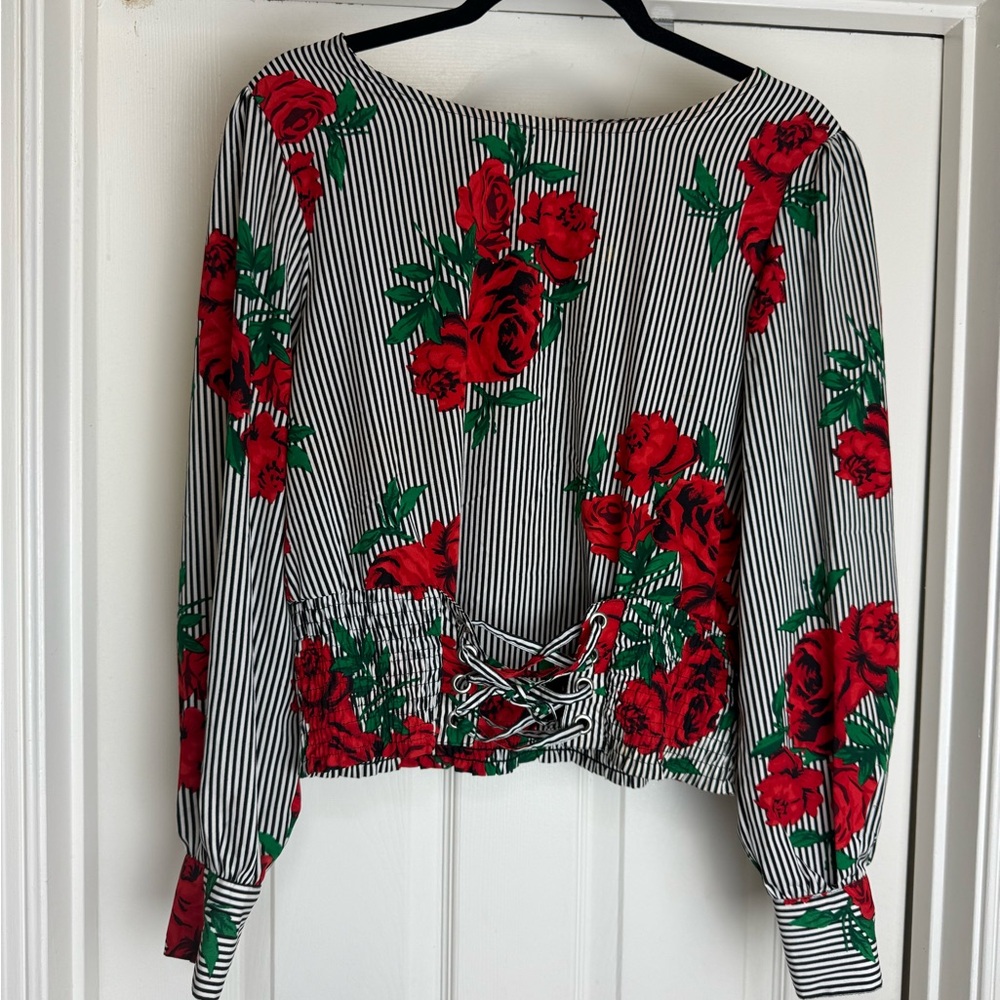 Indulge Red Floral & Black Striped Scoop neck long sleeve Blouse Corset like -XL
